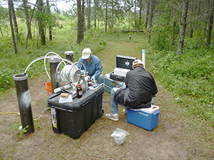 Isabelle Cozzarelli and Jeanne Jaeschke collecting groundwater samples for geochemical analysis, June 2011.